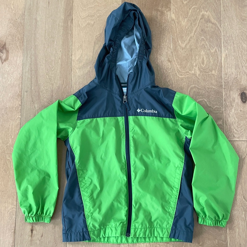 Columbia Kids Glennaker Rain Jacket Green Navy Blue Hooded Windbreaker Size S 8